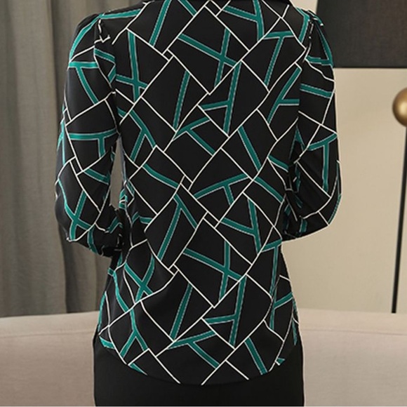 Long Sleeve Green, Black, White Print Button Up Blouse - Picture 2 of 6